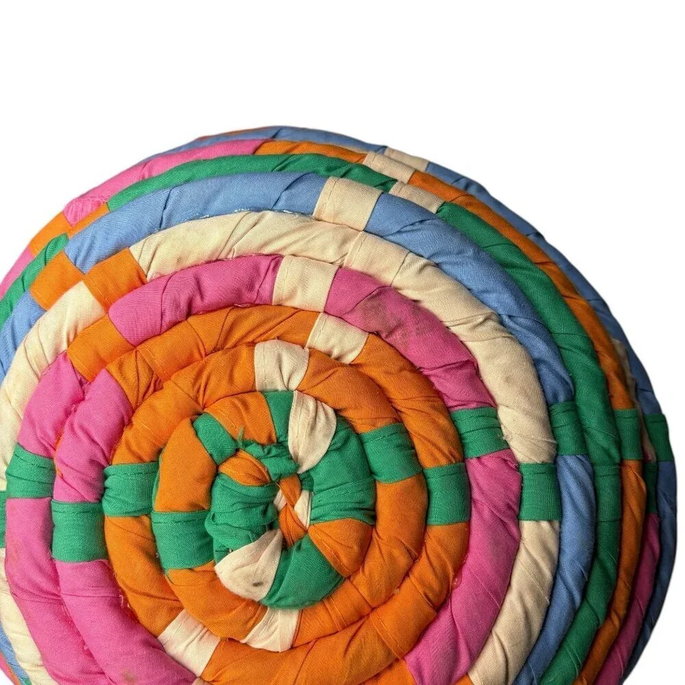 Vintage Rolled Rag Basket Cloth Woven Handmade Red Blue Orange Pink
